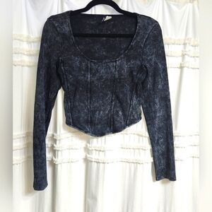 H&M Blue Black Long Sleeve Crop Blouse